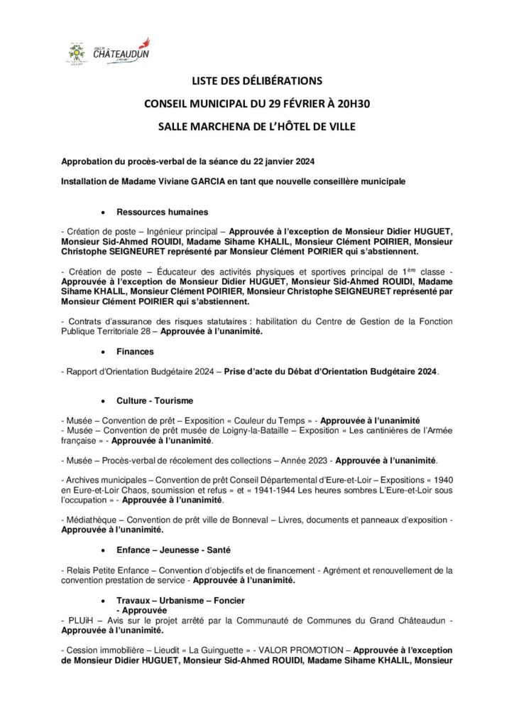Image du document LISTE DES DÉLIBÉRATIONS CM 29-02-2024